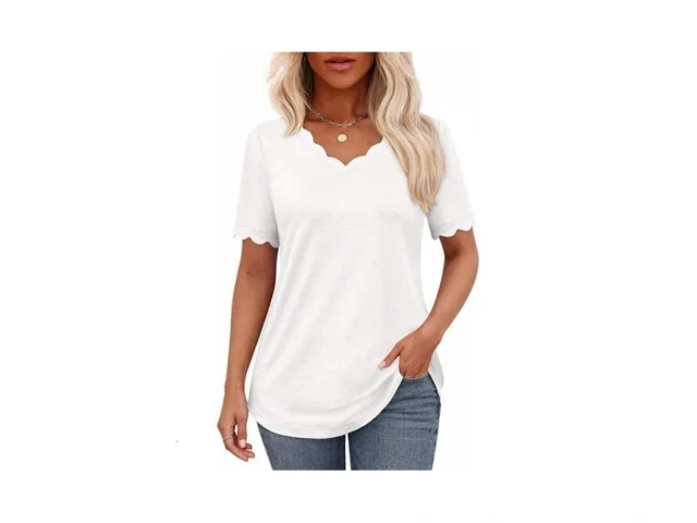 Summer Tops For Women 2026 White Scalloped V Neck… Code