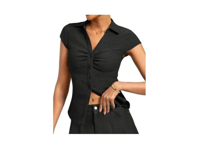 Women Textured Button Down Blouse V-neck Ruched… Code