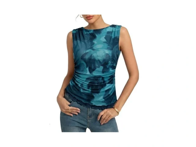 Kate Kasin Women Blue Green Floral Mesh Ruched Tank… Code