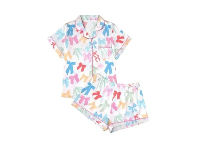 Lukycild Women Satin Pajama Set Bow Graphic Pajamas… Code