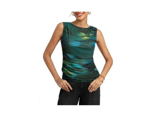 Kate Kasin Women Green Floral Mesh Ruched Tank Top… Code