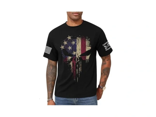 Kesihan American Flag Skull Punisher Shirt Short… Coupon
