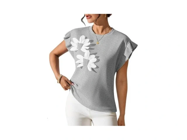 Pink Queen Womens Grey Shirt Women Crew Neck Ruffle… Code