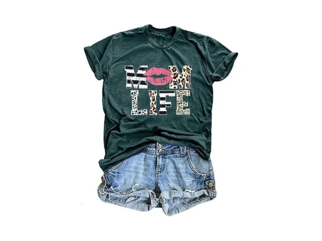 Women Mom Life T-shirts Leopard Lips Stripe Graphic…