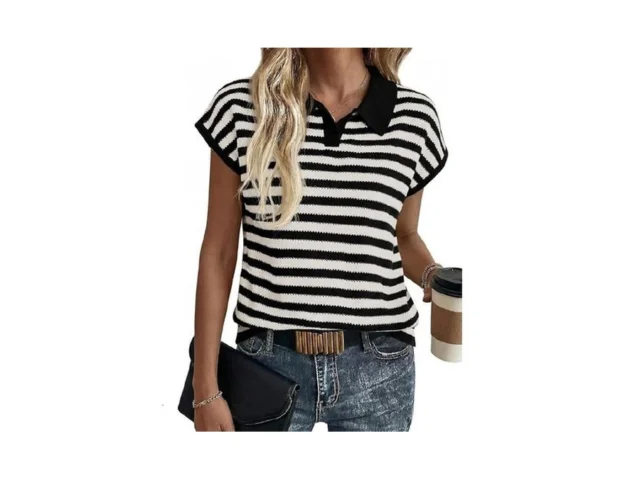 Saodimallsu Womens Striped Polo Sweater Cap Sleeve… Code