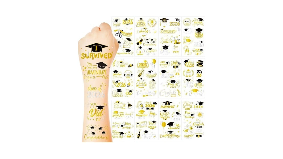 96 Pcs Grad Temporary Tattoos 12 Sheets Foil... - Coupon