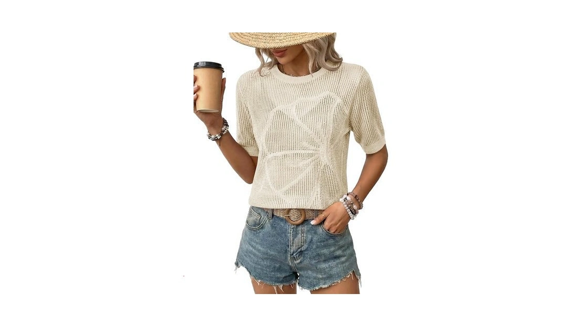 Lagracia Womens Short Sleeve Crochet Sweater Summer... - Coupon
