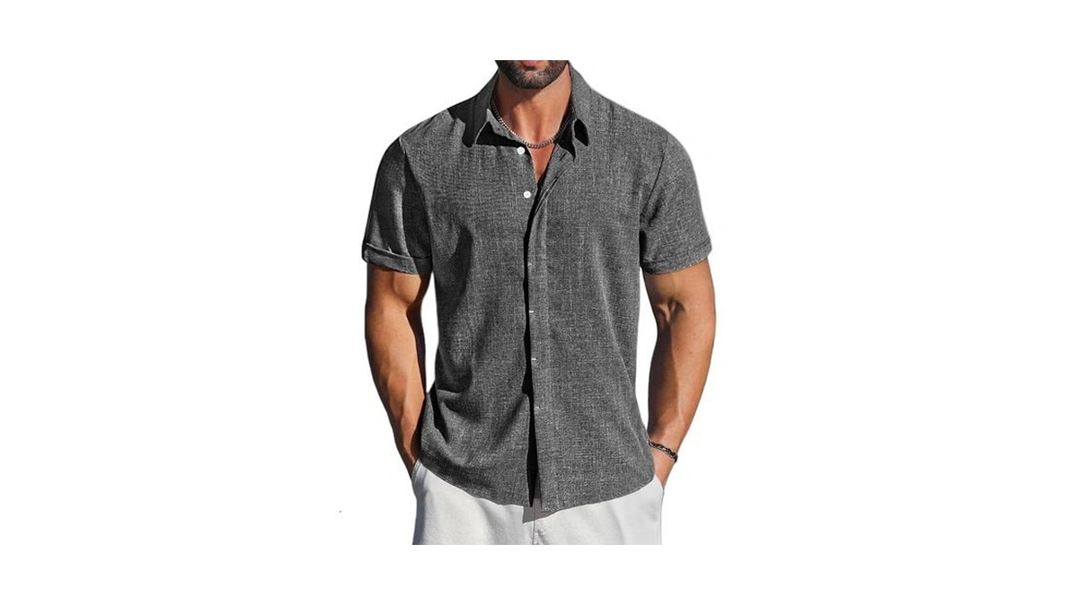 Letsee Linen Shirts Mens Button Down Short Sleeve... - Coupon