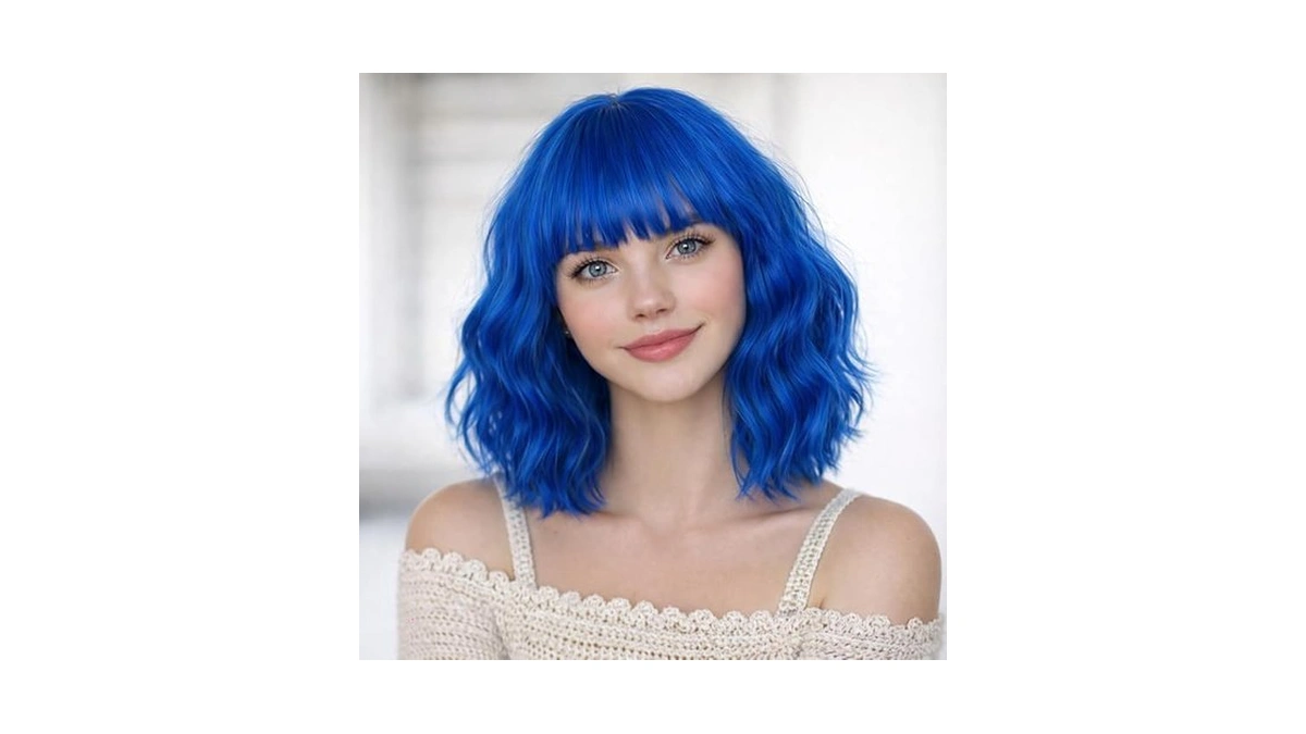 Tixbaby Blue Wig Short Bob Wavy Wig With Bangs For... - Coupon