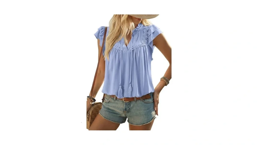 Dokotoo Flowy Tops For Women Sky Blue Blouse V Neck... - Coupon