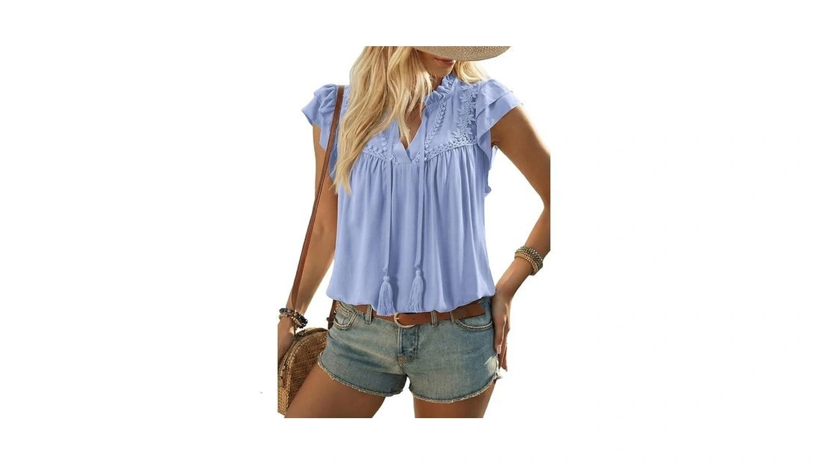 Dokotoo Flowy Tops For Women Sky Blue Blouse V Neck... - Coupon