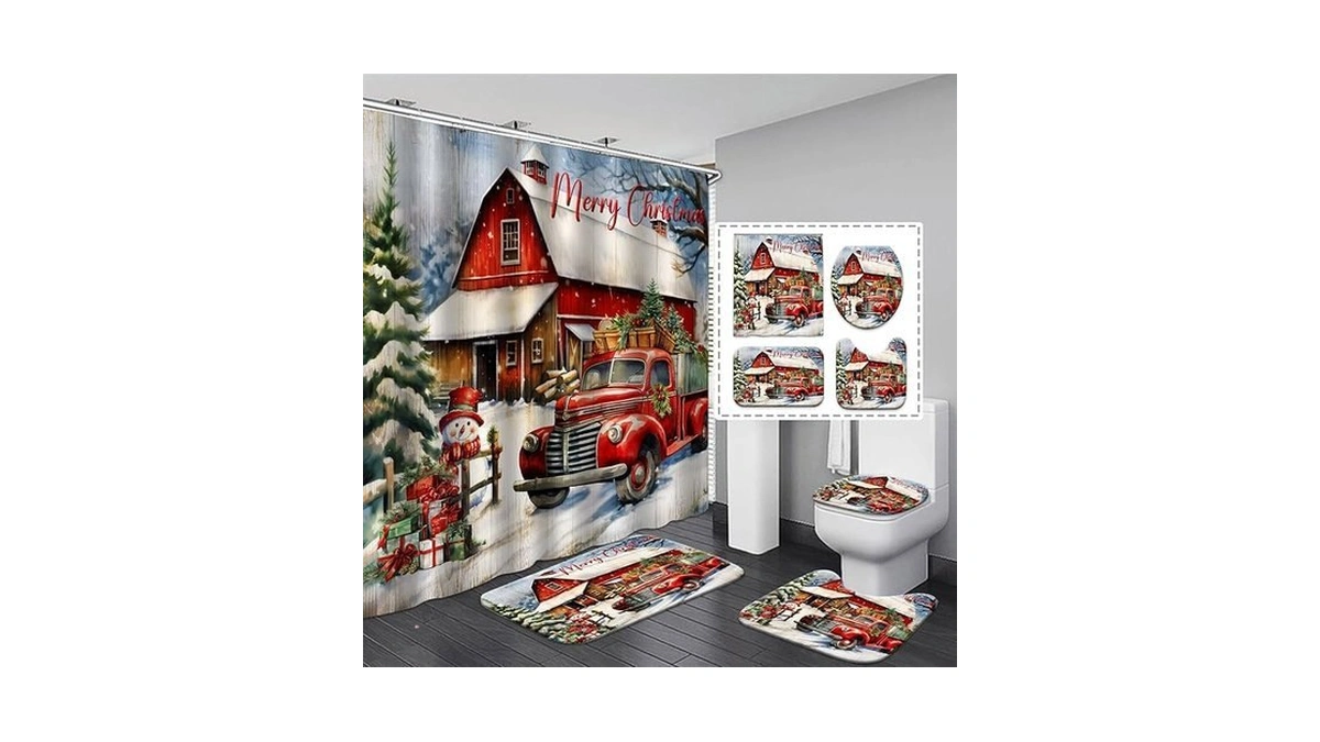 4 Pieces Christmas Shower Curtain Sets With Rugs... - Coupon