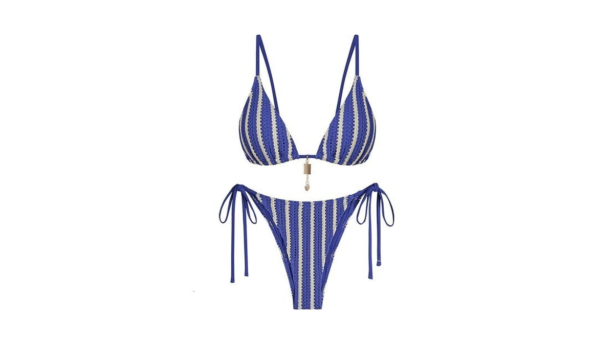 Zaful Blue High Waisted Crochet Tie Bikini Sets For... - Coupon