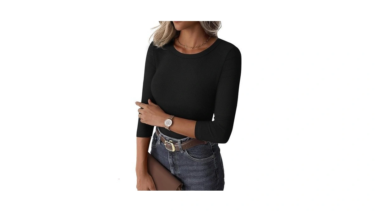 Gkbk Womens 3 4 Sleeve Ribbed Tops Slim Fitted... - Coupon