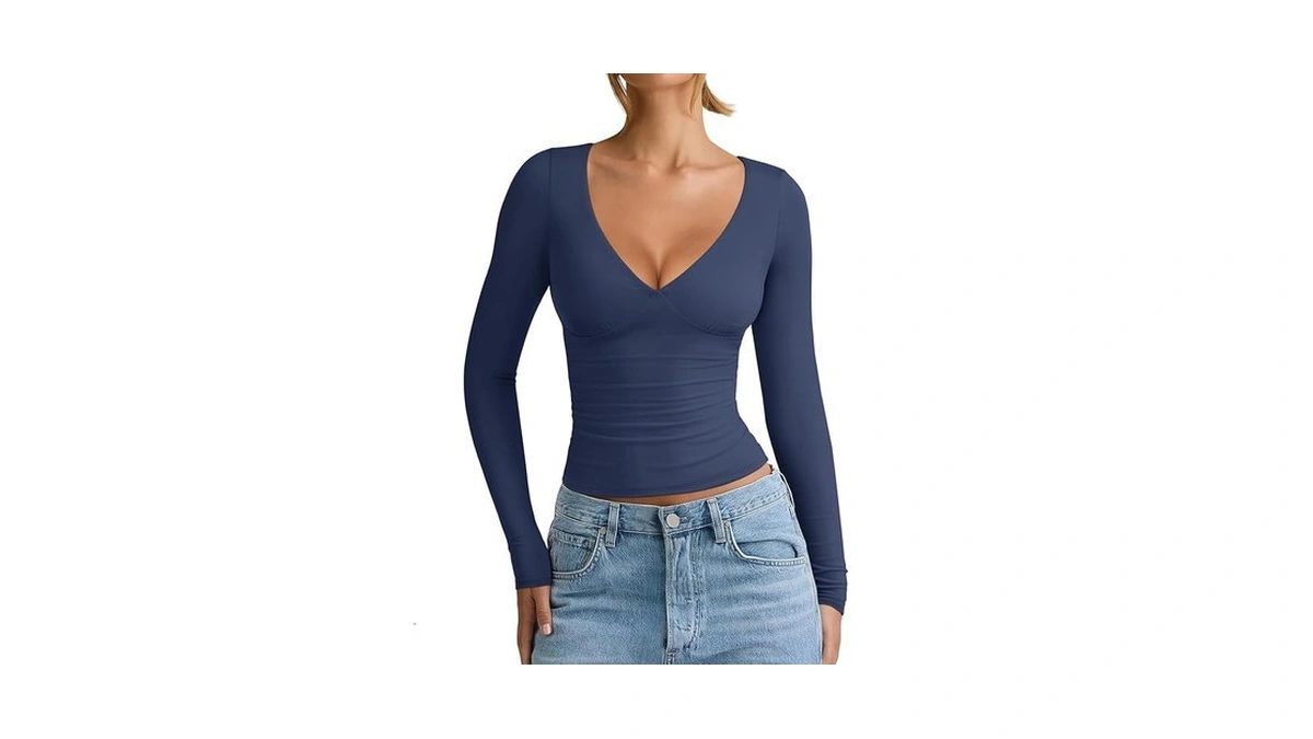 Reoria Womens Trendy Deep V Neck Long Sleeve Shirts... - Coupon