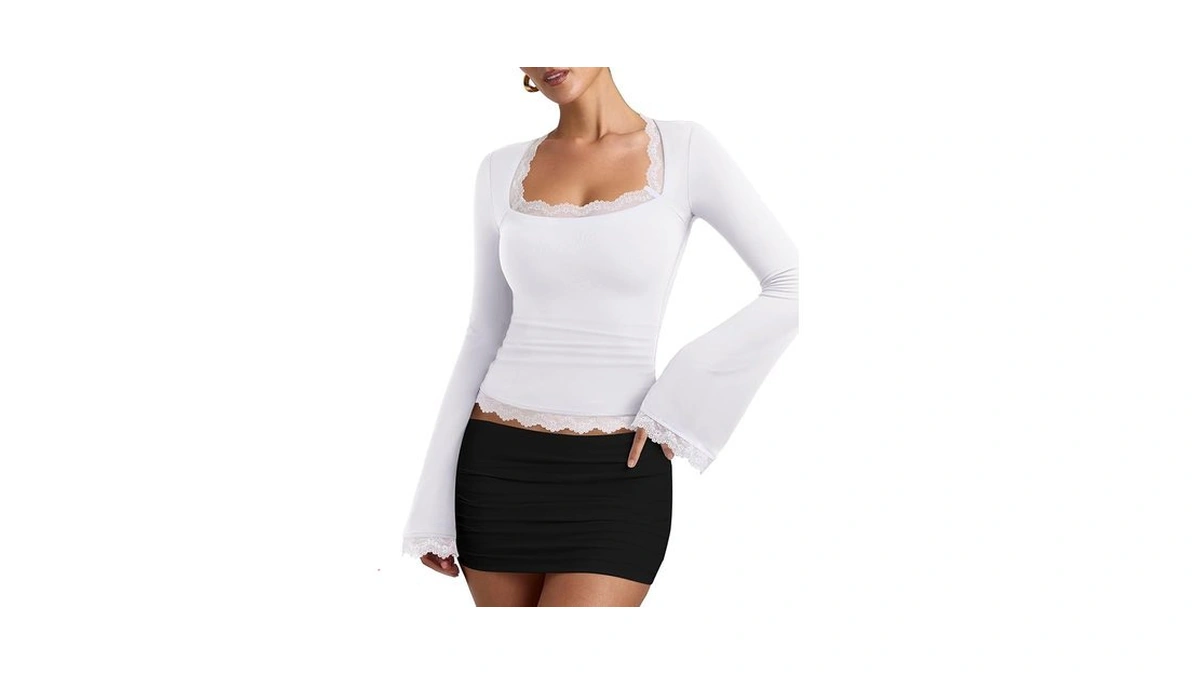 Reoria Womens Trendy Square Neck Long Bell Sleeves... - Coupon