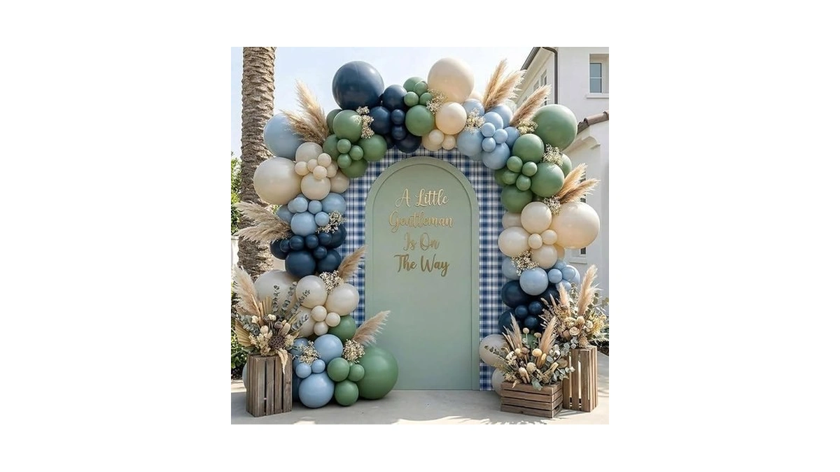 Double Stuffed Navy Blue Sage Green Balloon Garland... - Coupon