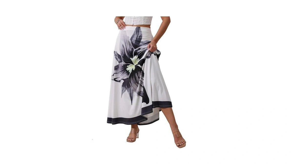 Yundai Women S Printed Midi Skirt High Waist Flowy... - Coupon