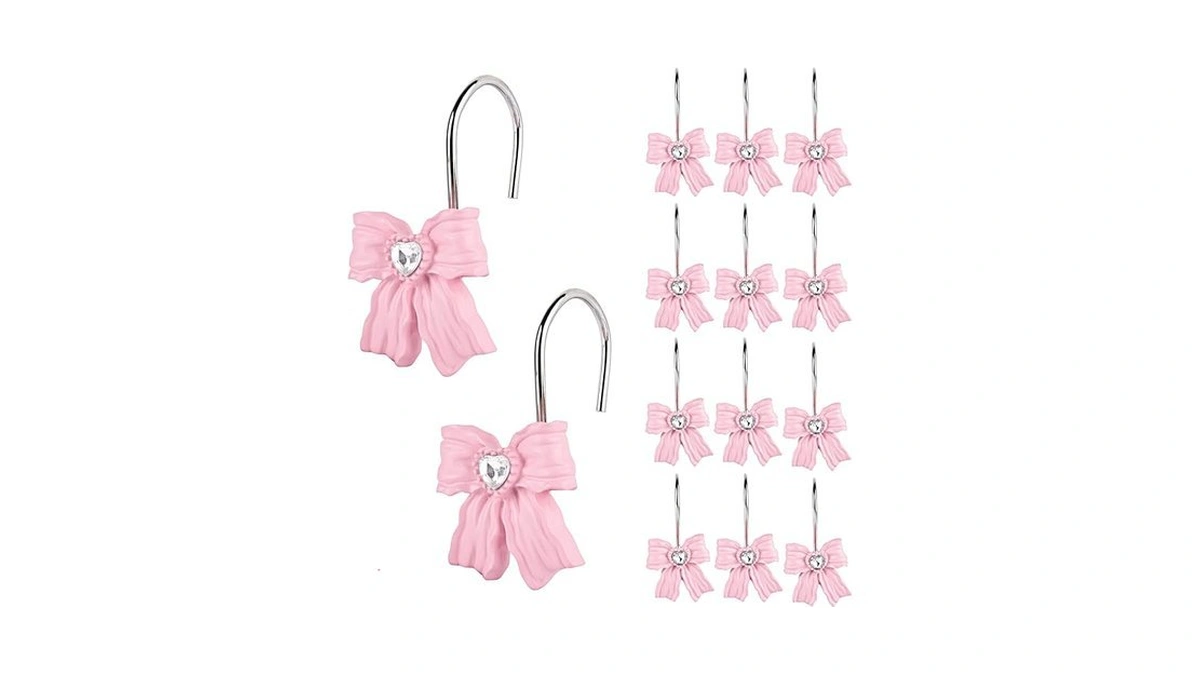 12pcs Shower Curtain Hooks Rings Pink Bow Resin... - Coupon