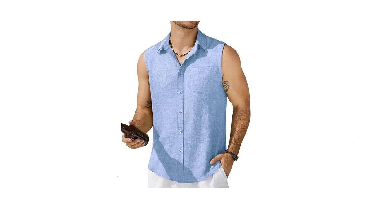 Coofandy Sleeveless Shirts For Men Beach Button-up... - Coupon