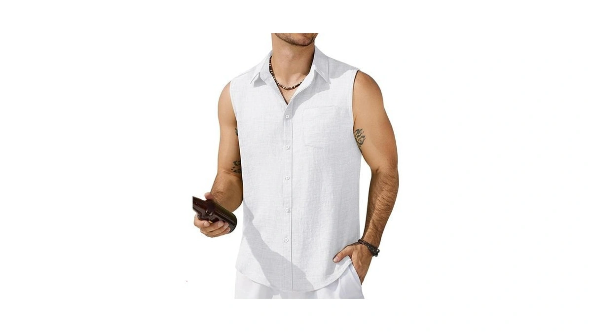 Coofandy Mens Tank Top Button Down Sleeveless Beach... - Coupon