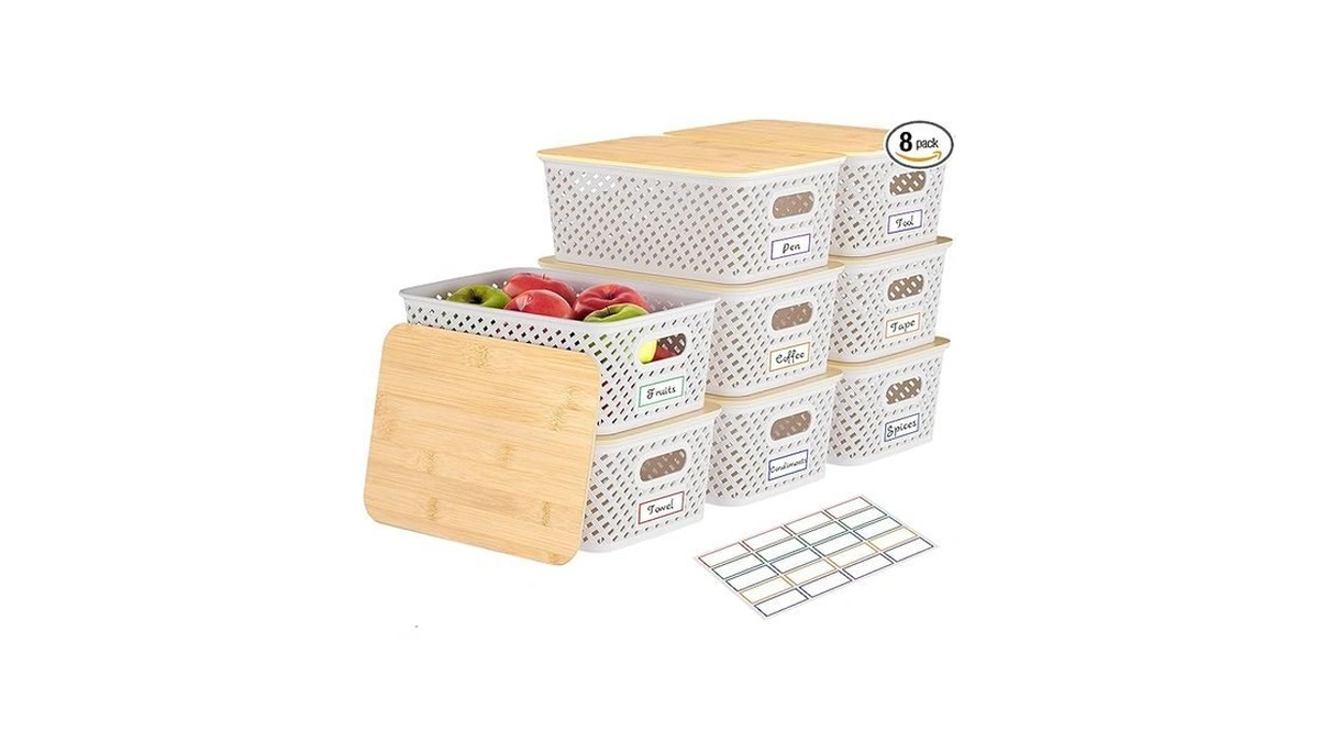 Anysig 8 Packs Plastic Storage Bins With Bamboo... - Coupon
