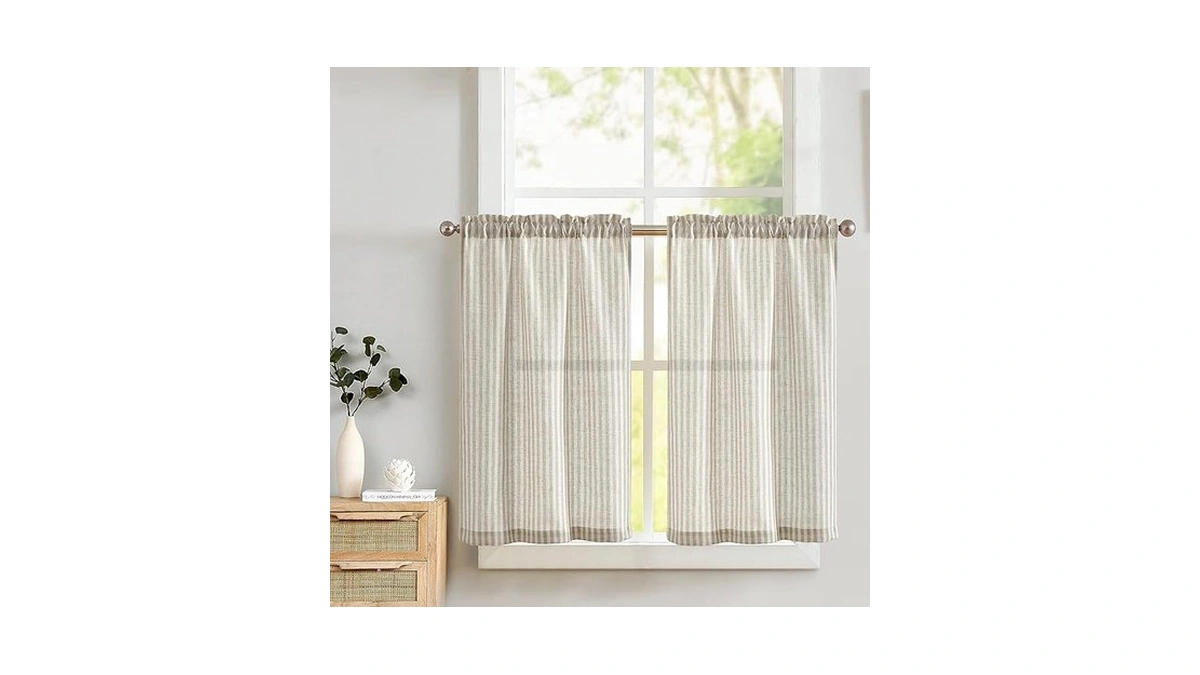 Lazzzy Kitchen Linen Striped Curtains Grey Tier... - Coupon