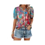 Ezcosplay Womens Puff Sleeve Boho Tops Paisley... - Coupon