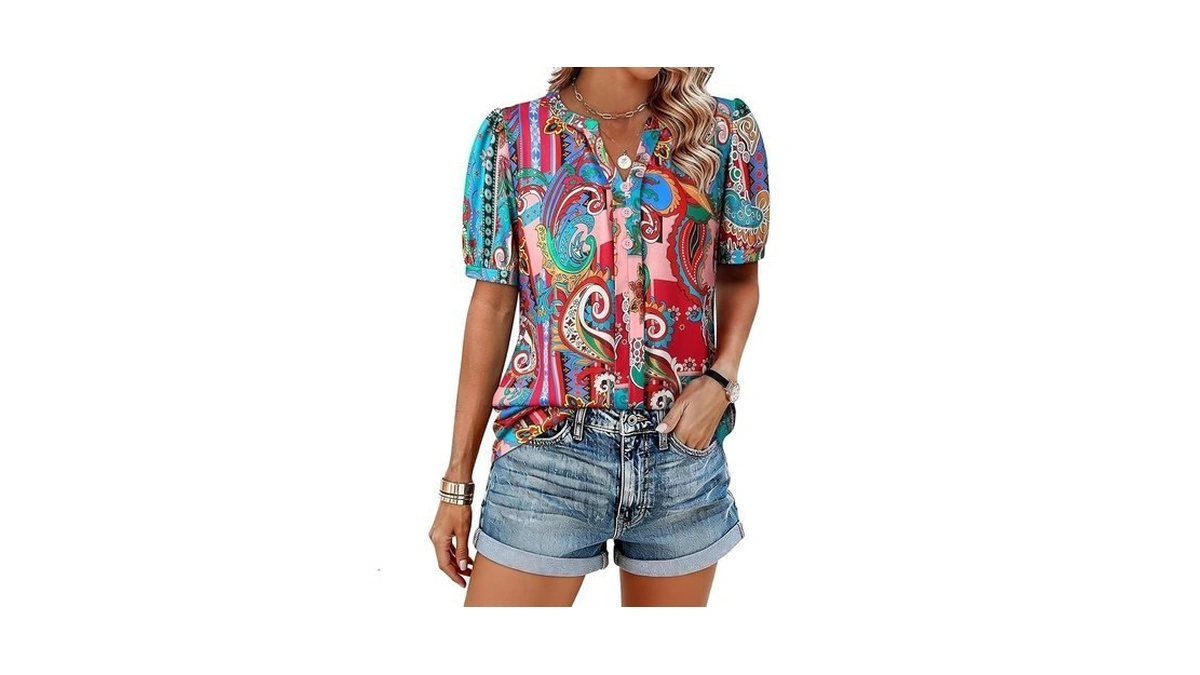 Ezcosplay Womens Puff Sleeve Boho Tops Paisley... - Coupon