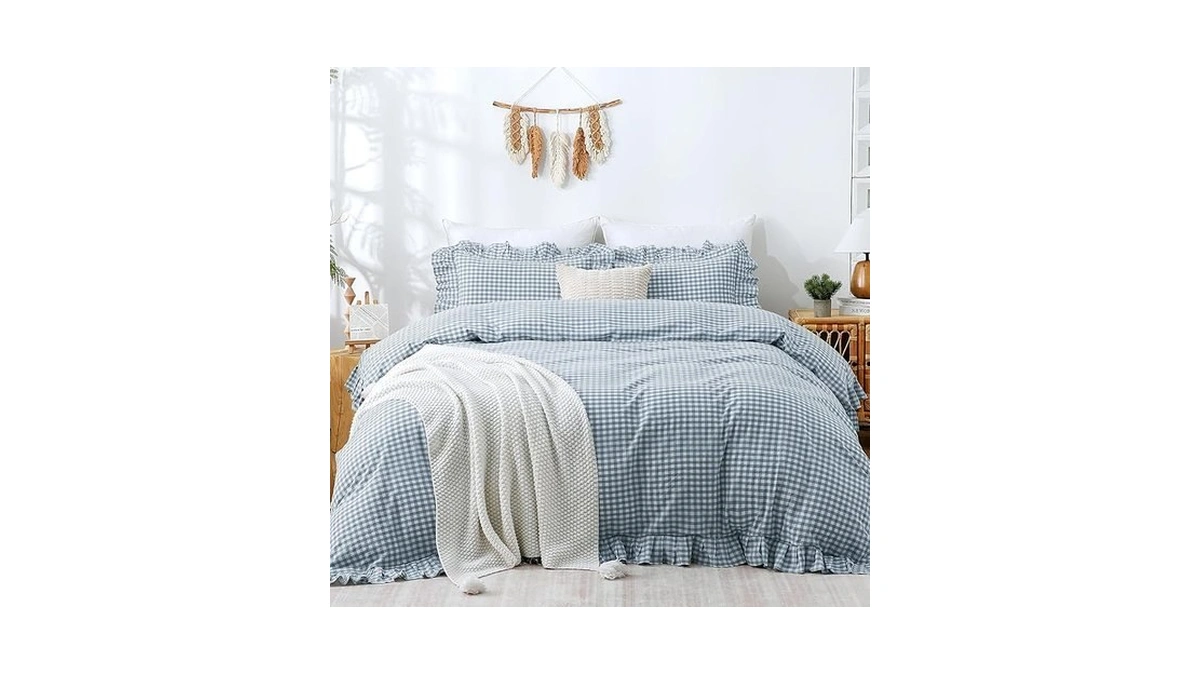 Tocomoa Blue Gingham Duvet Cover Bedding Set 100... - Coupon