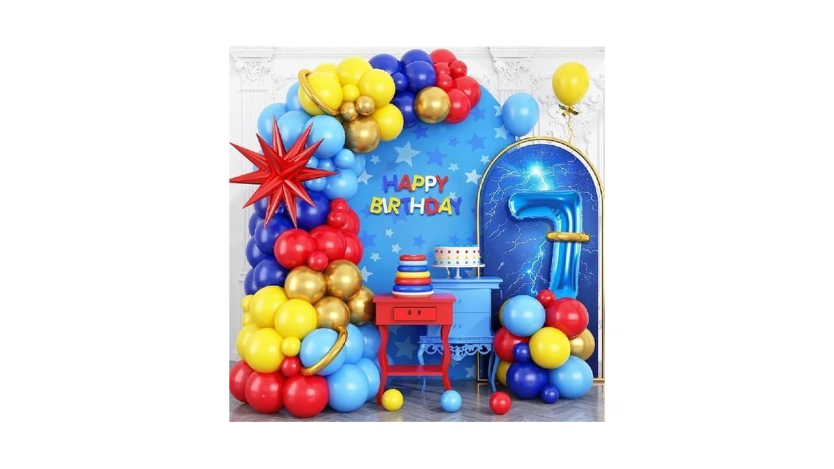 Red Blue Yellow 7th Birthday Balloons Arch Royal... - Coupon