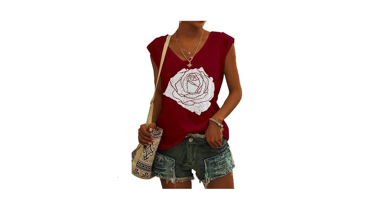 Fazortev Womens Cap Sleeve Blouses Rose Graphic... - Coupon