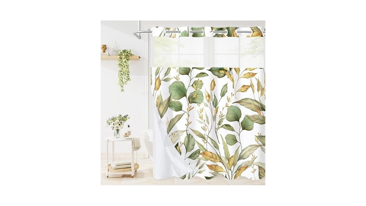 Litabel No Hooks Green Gold Plant Leaves Shower... - Coupon