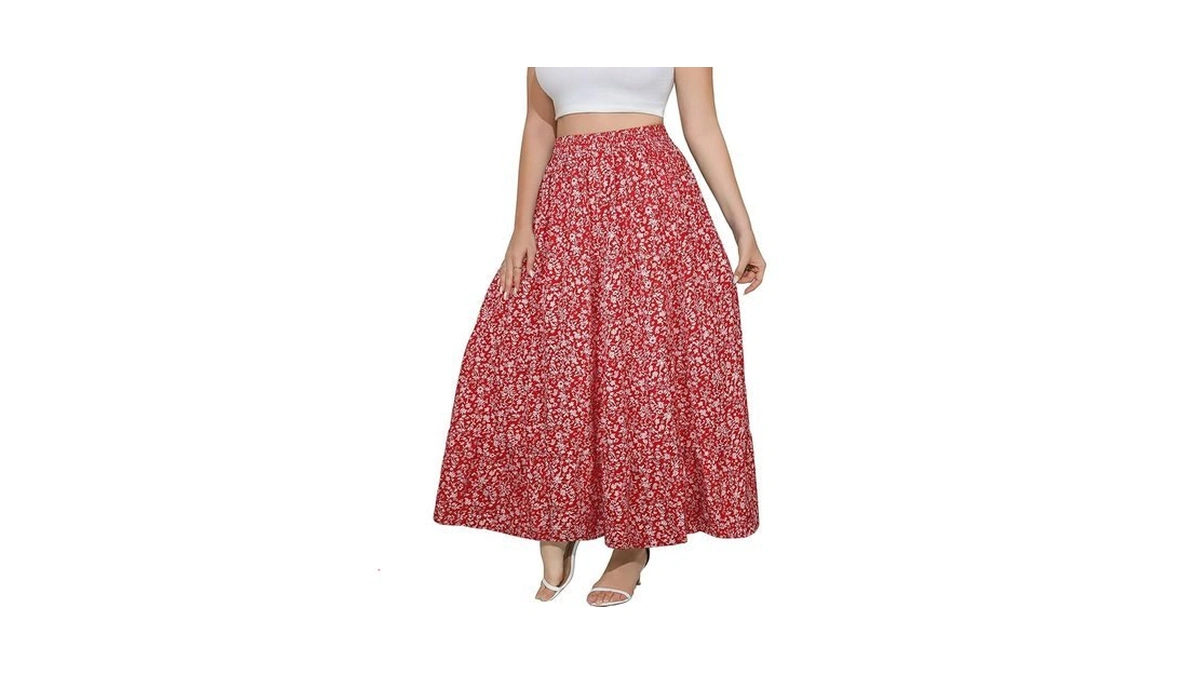 Younrui Plus Size Red Floral Long Maxi Skirt For... - Coupon