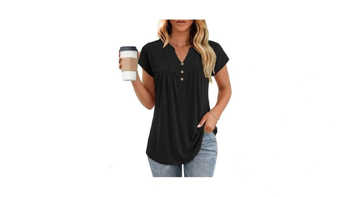 Yokgo Womens T Shirts Short Sleeve Pleated Button... - Coupon