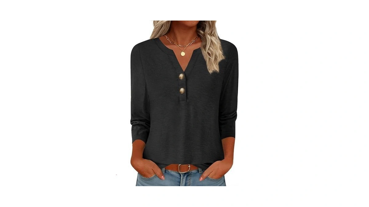 Gkbk Womens Tops 3 4 Length Sleeve V Neck Button... - Coupon