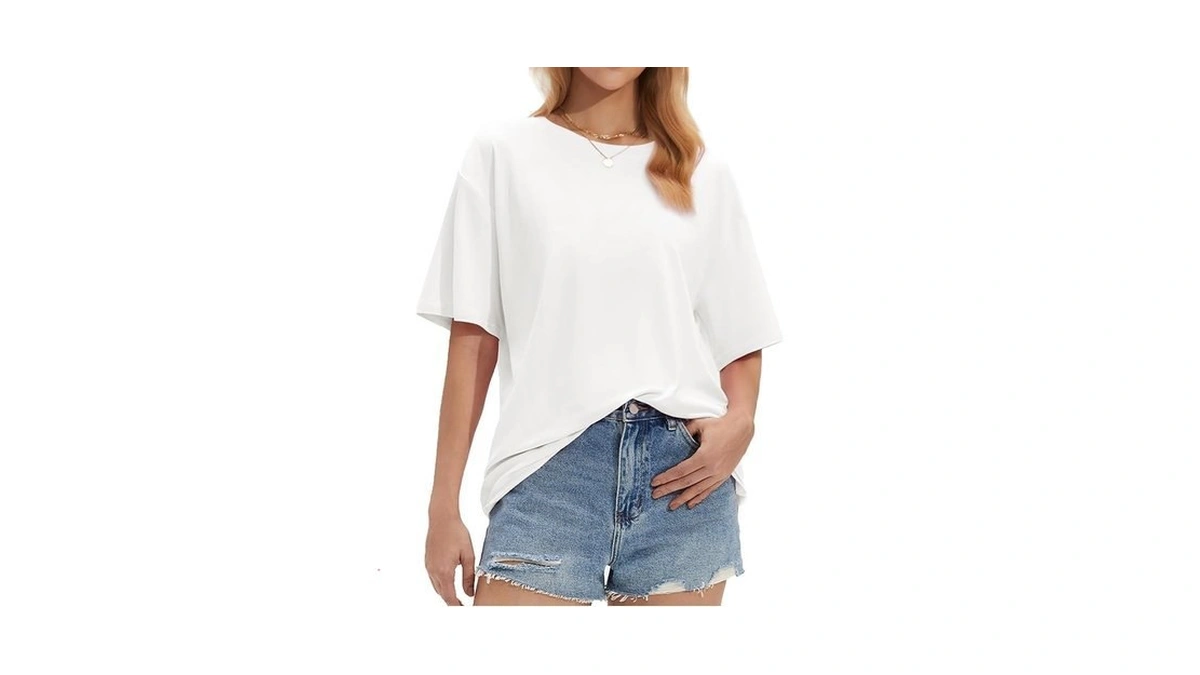 Stelle White T Shirts Women Oversized Crew Neck... - Coupon