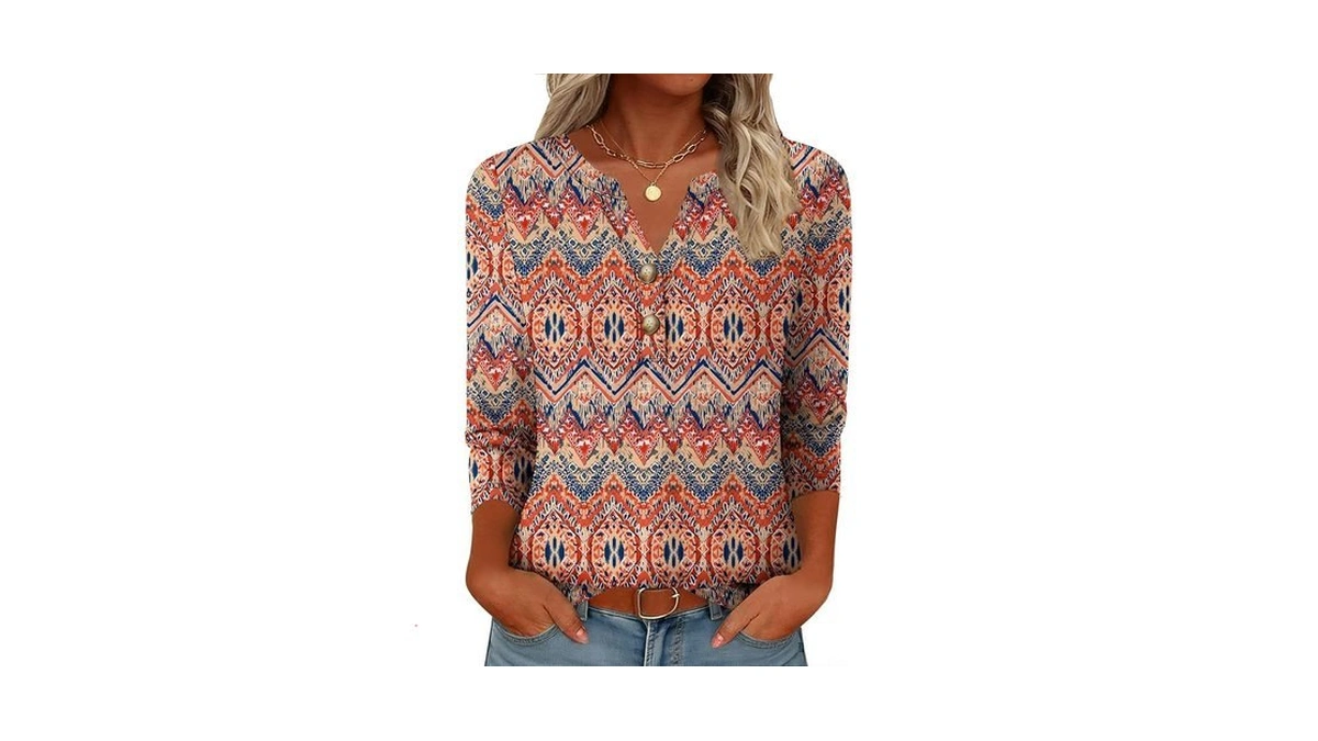 Gkbk Womens Tops 3 4 Length Sleeve V Neck Button... - Coupon