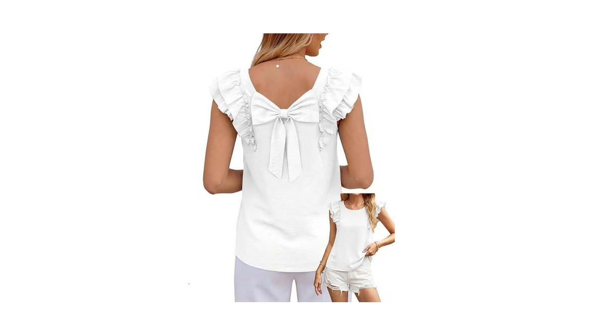 Okiwam Womens Ruffle Short Sleeve Summer Tops Bow... - Coupon