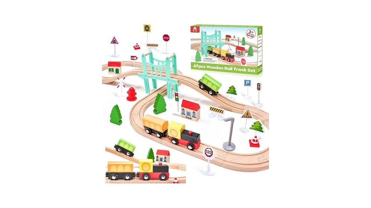 47pcs Wooden Train Set For Toddlers Wooden Train... - Coupon