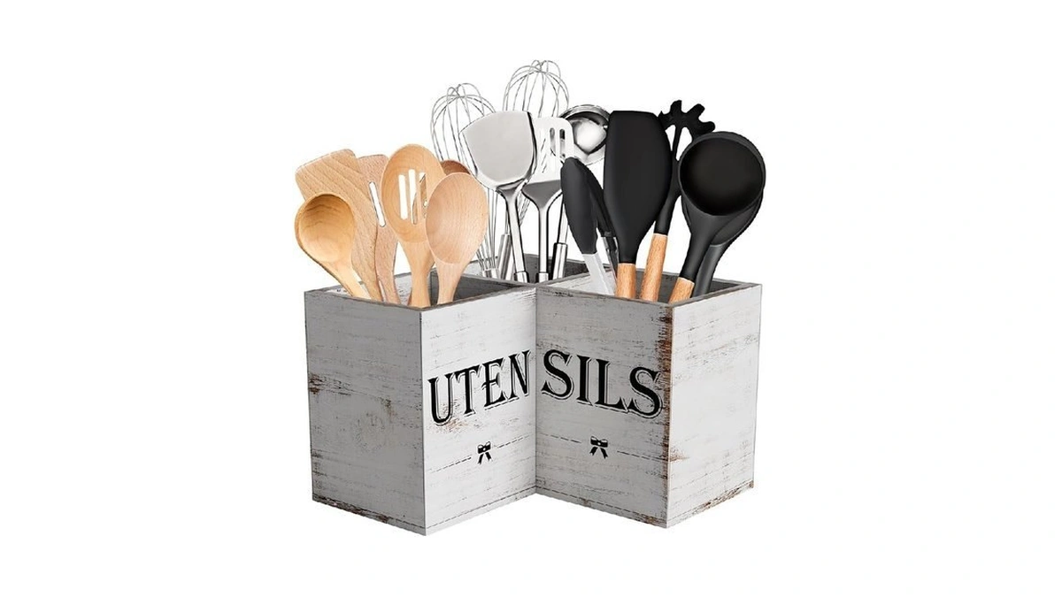 Suli Extra Large Utensil Holder With 3 Compartments,corner Kitchen Shelf,wooden