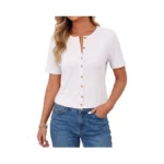 Gleeneat Womens White Ribbed Short Sleeve Button Down Up Cardigan