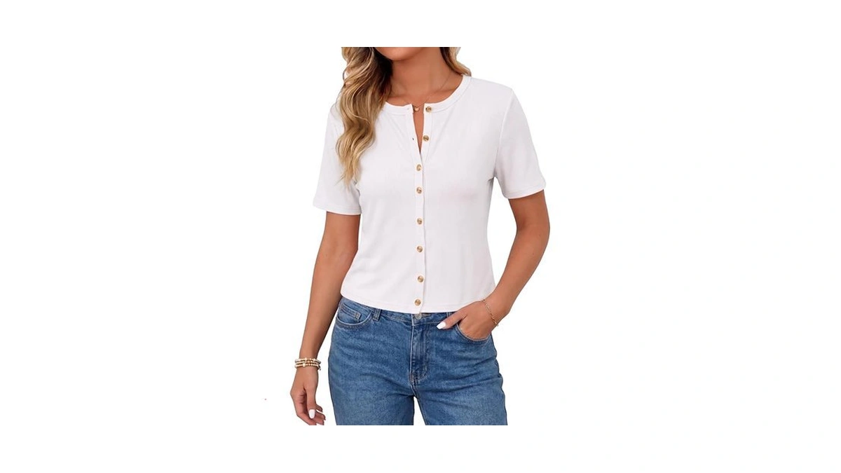 Gleeneat Womens White Ribbed Short Sleeve Button Down Up Cardigan