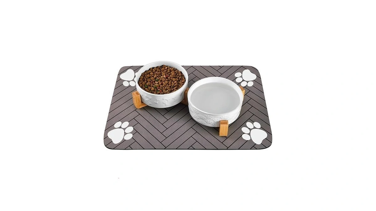 Xihan Dog Bowls Set With Wood Stand & Mat Waterproof,