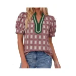 Tankaneo Womens Puff Sleeve Plaid Tops Summer Dressy Casual V