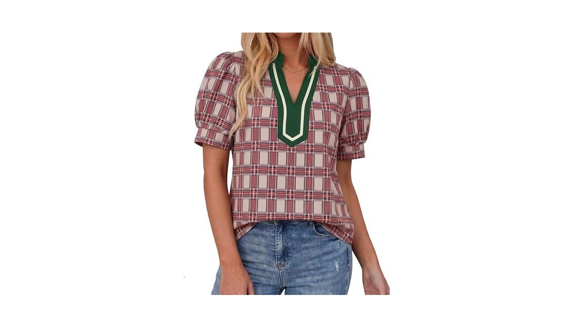 Tankaneo Womens Puff Sleeve Plaid Tops Summer Dressy Casual V
