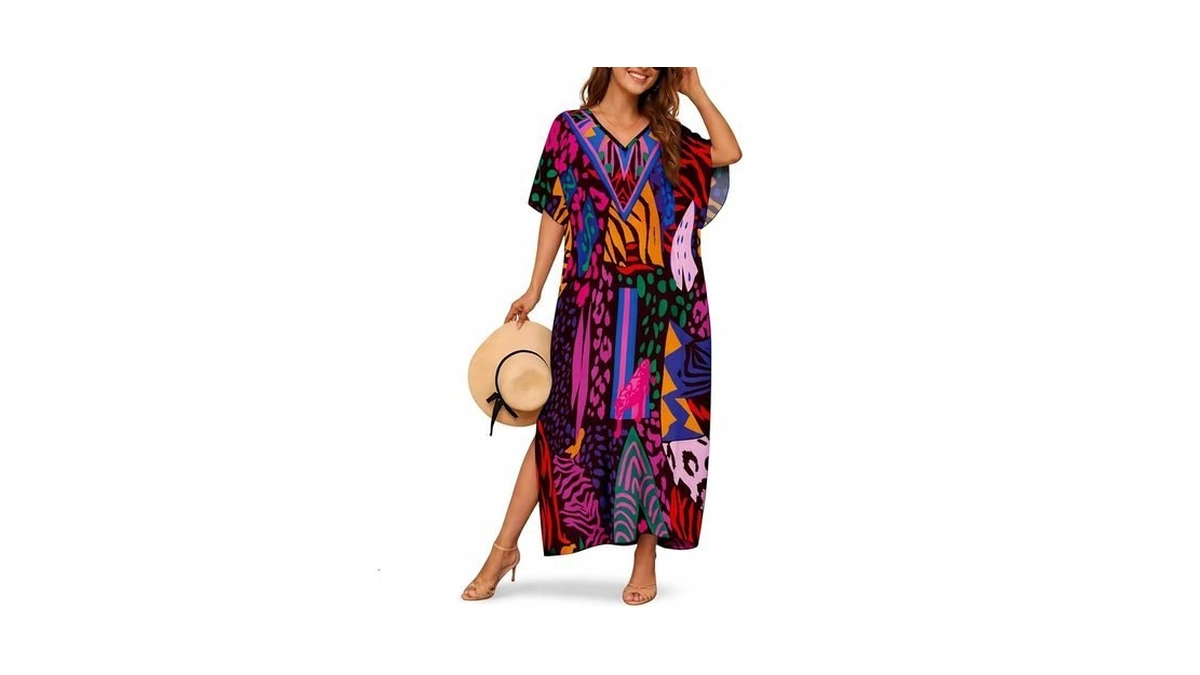 Breezy Kaftan Dresses For Women,v Neck Beach Dress,loose Fit Ms