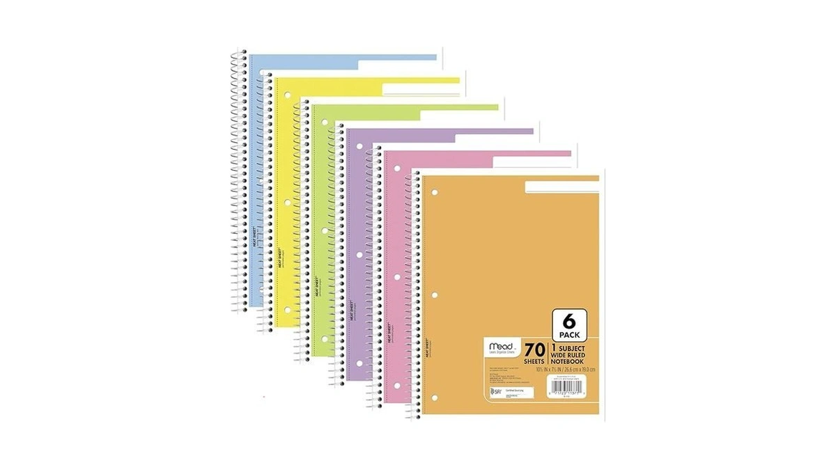 Mead Spiral Notebook, 6 Pack, 1 Subject, Wide Ruled Paper,