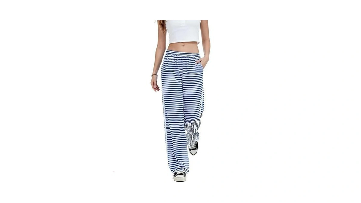 Cievsna White Blue Thin Stripes No Drawstring Elastic Waist Mid
