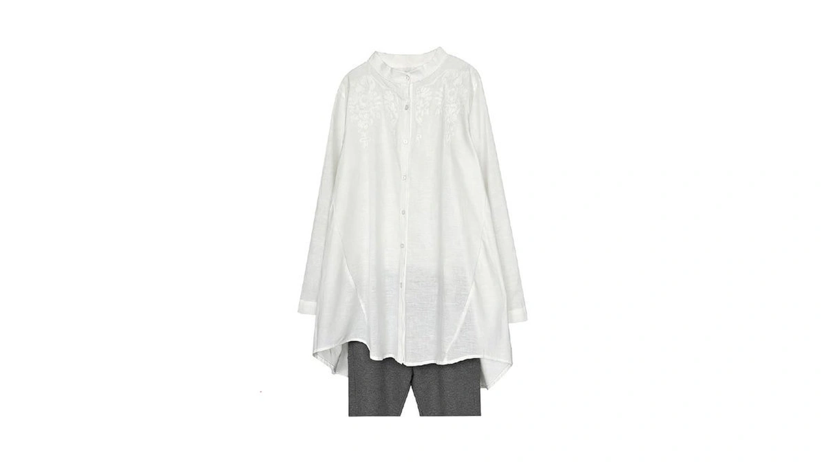 Minibee Women's Cotton Linen Shirt High Low Button Down Embroidered